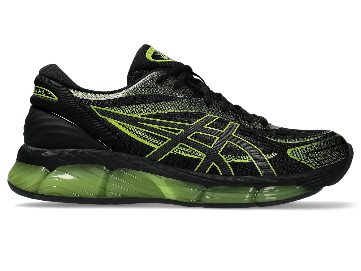 Chaussure de course noire et vert citron, Asics, avec motif quadrillé et semelle transparente à coussins.