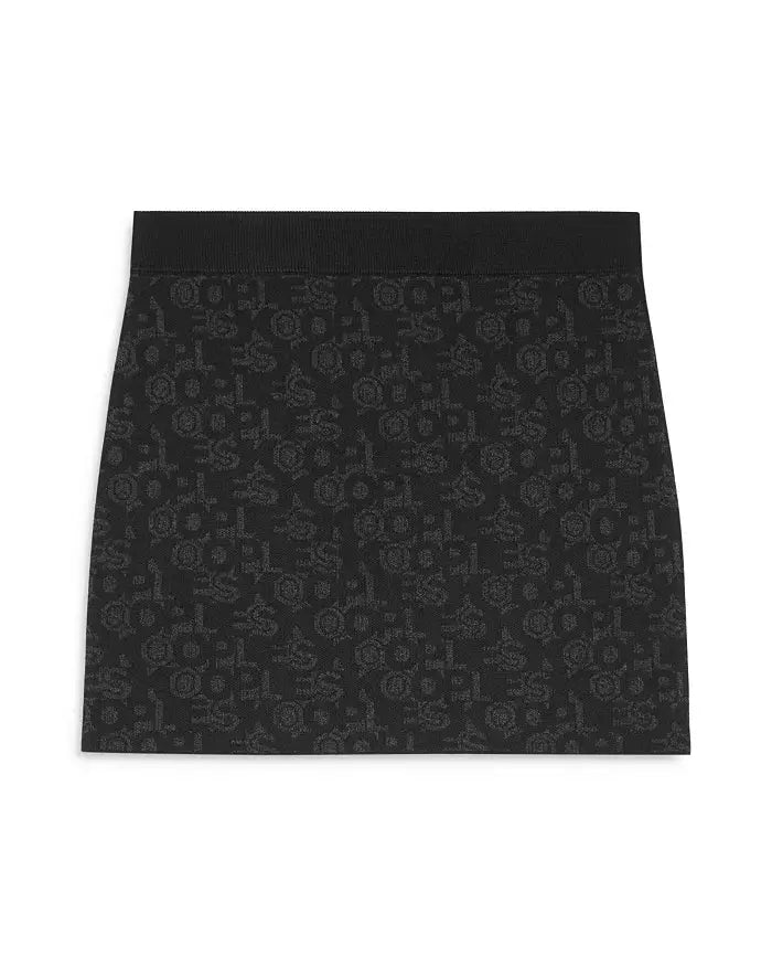 Mini-jupe noire à motifs monogramme par The Kooples, avec une taille élastique et une texture jacquard.