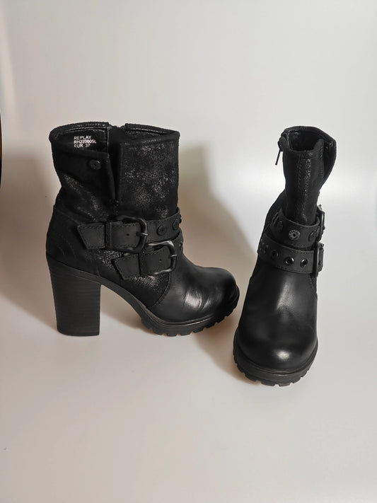 Bottines en cuir noir par Replay, avec talon épais et brides à boucles métalliques, taille 37.
