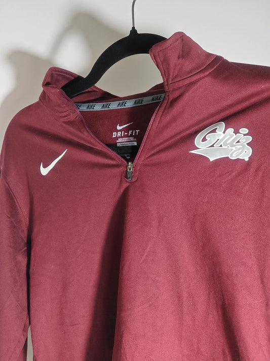 Sweat col zippé bordeaux de Nike, avec logo «Griz» argenté sur la poitrine droite.