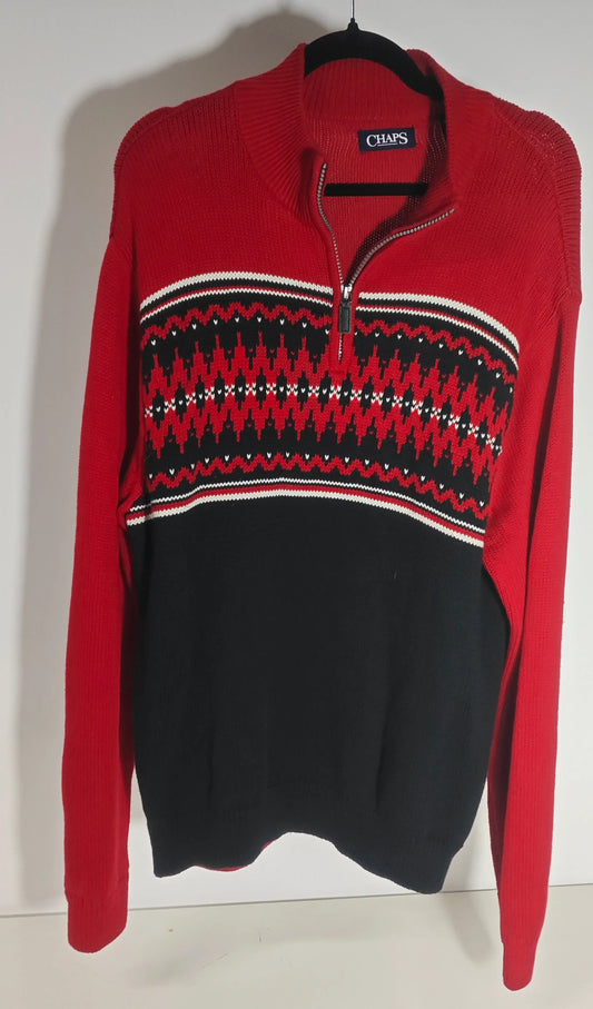 Pull chaud d’hiver rouge et noir, de Ralph Lauren, à motif de style Norvégien avec une fermeture éclair partielle.