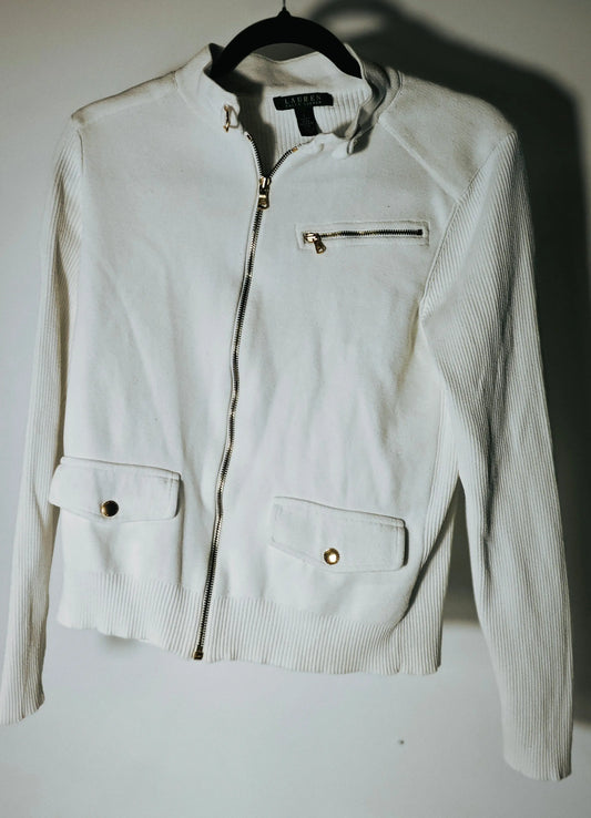 Veste en maille blanche Lauren Ralph Lauren de taille L, avec fermeture éclair, poches et détails dorés.