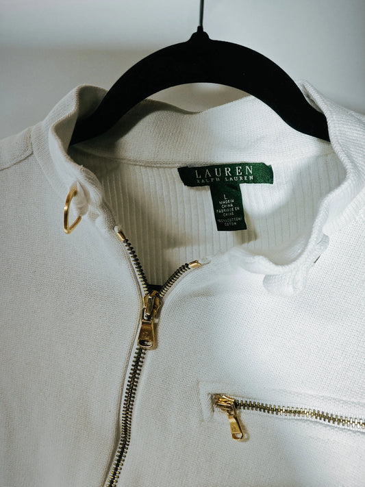 Veste en maille blanche en coton par Lauren Ralph Lauren, avec fermeture éclair et détails dorés.