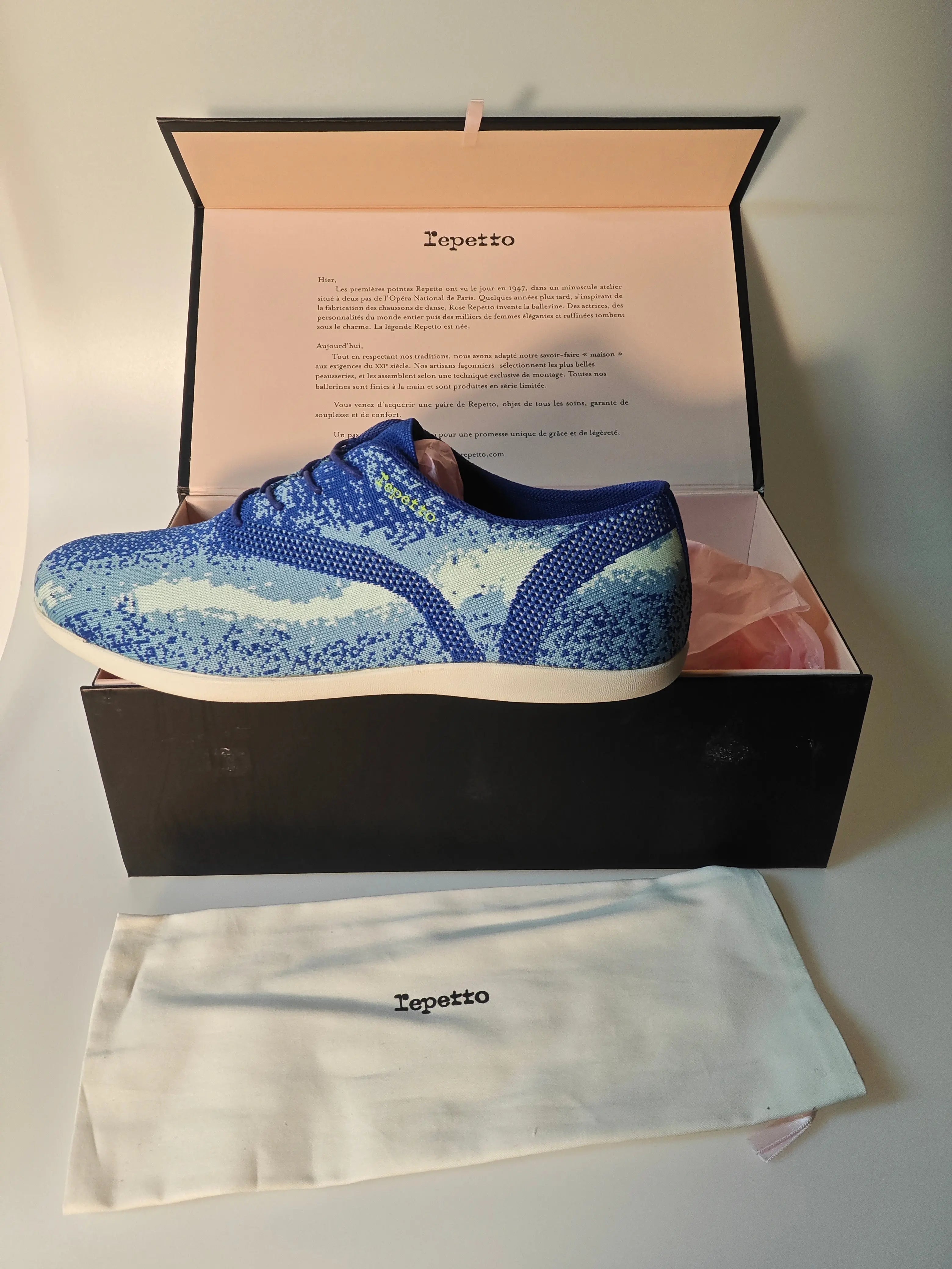 Chaussure de course bleu motif camouflage par Repetto, présentée dans sa boîte avec son sac de rangement.