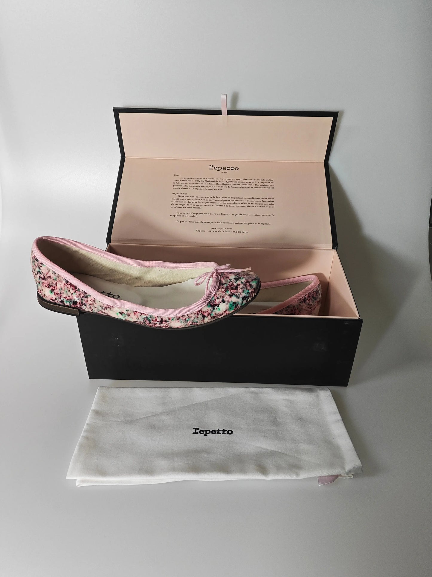 Ballerines imprimées multicolores de Repetto, présentées dans leur boîte et leur housse de protection.