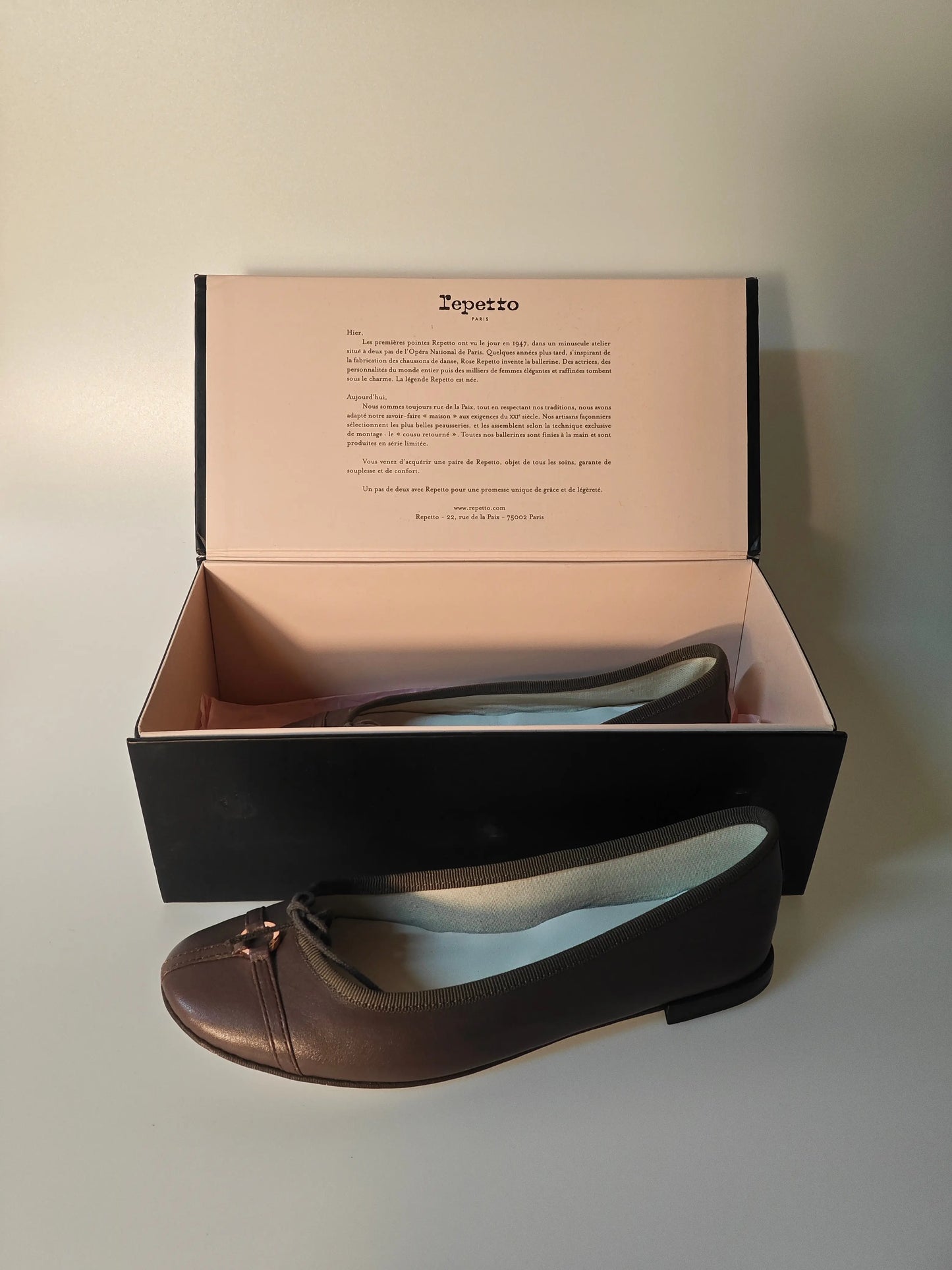 Ballerines marron en cuir Repetto, modèle Carlie de chez Repetto, présentées dans leur boîte.