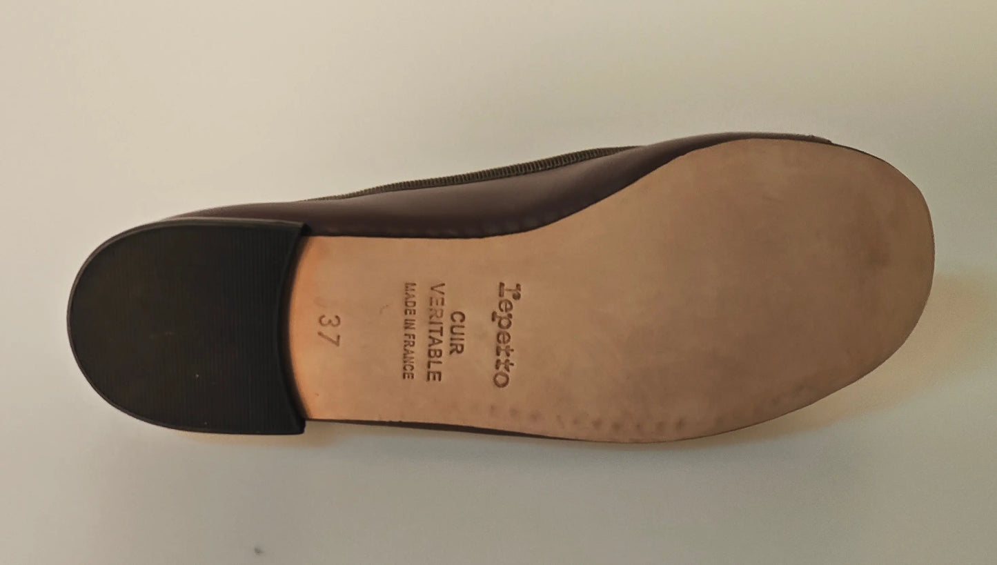 Ballerine en cuir marron de Repetto, montrant la semelle intérieure en cuir avec la taille 37 imprimée.