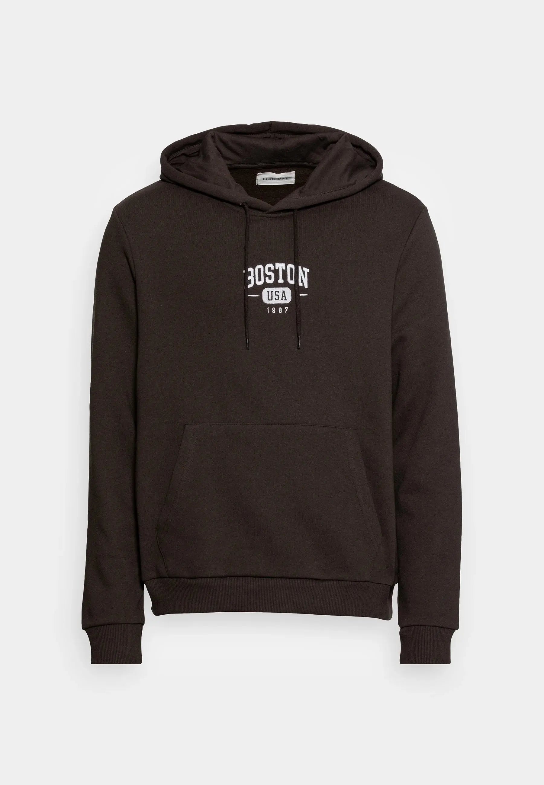 Sweat à capuche marron de Pier One avec inscription blanche "Boston USA 1987" sur le devant.