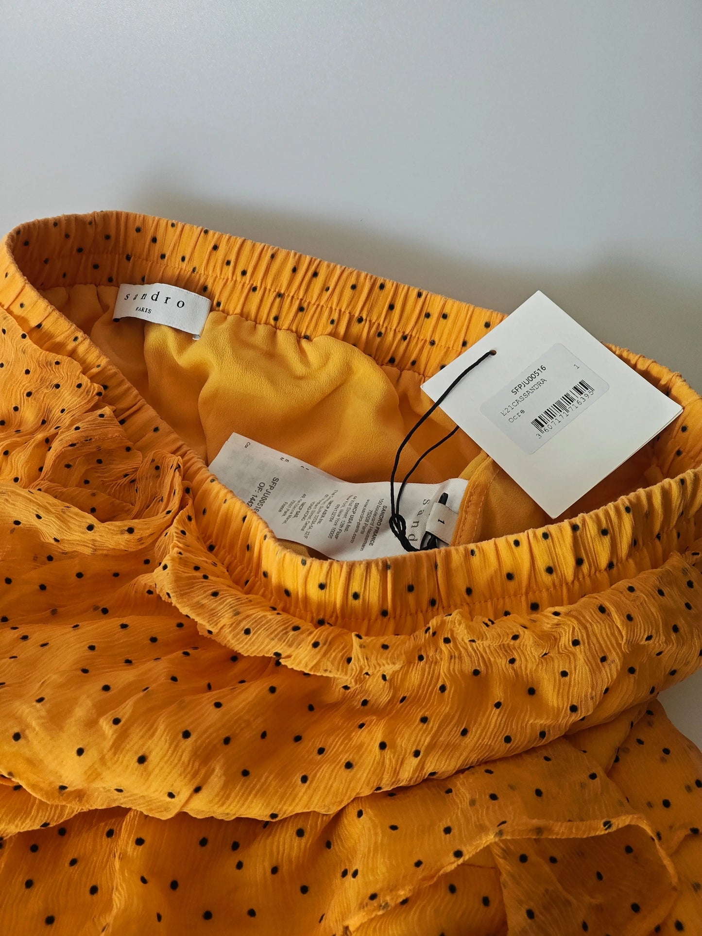 Jupe Sandro Paris jaune moutarde à pois noire neuve volants Taille 1 sandro