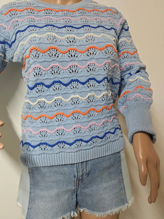 Pull Vila Joy bleu ciel maille ajourée multicolore taille S Upstyle Destock