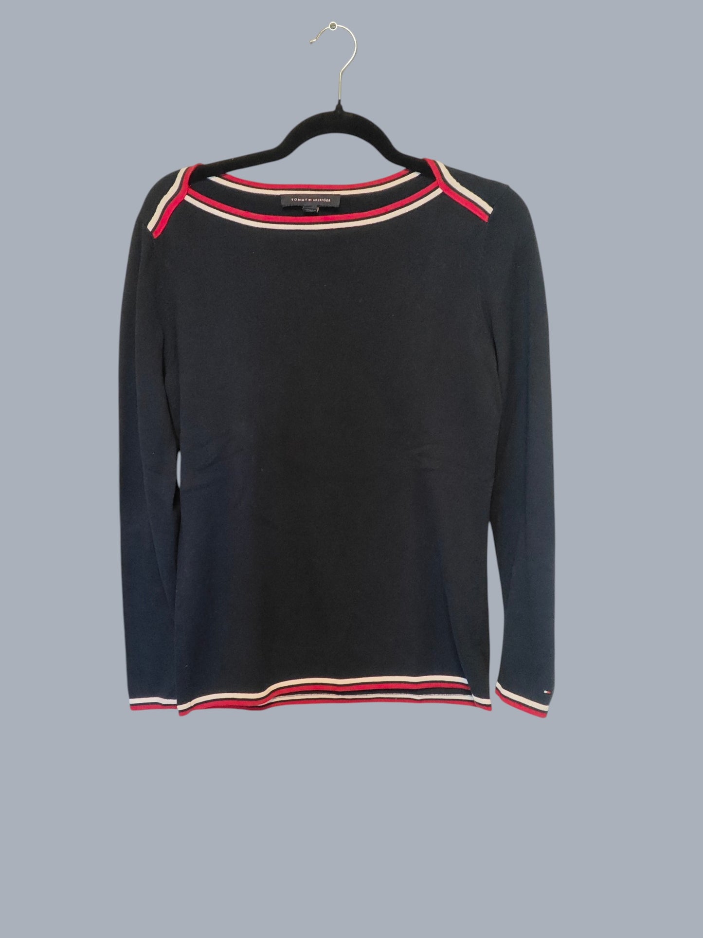 Tommy Hilfiger pull noir manches longues liserés rouge blanc S SECONDE MAIN