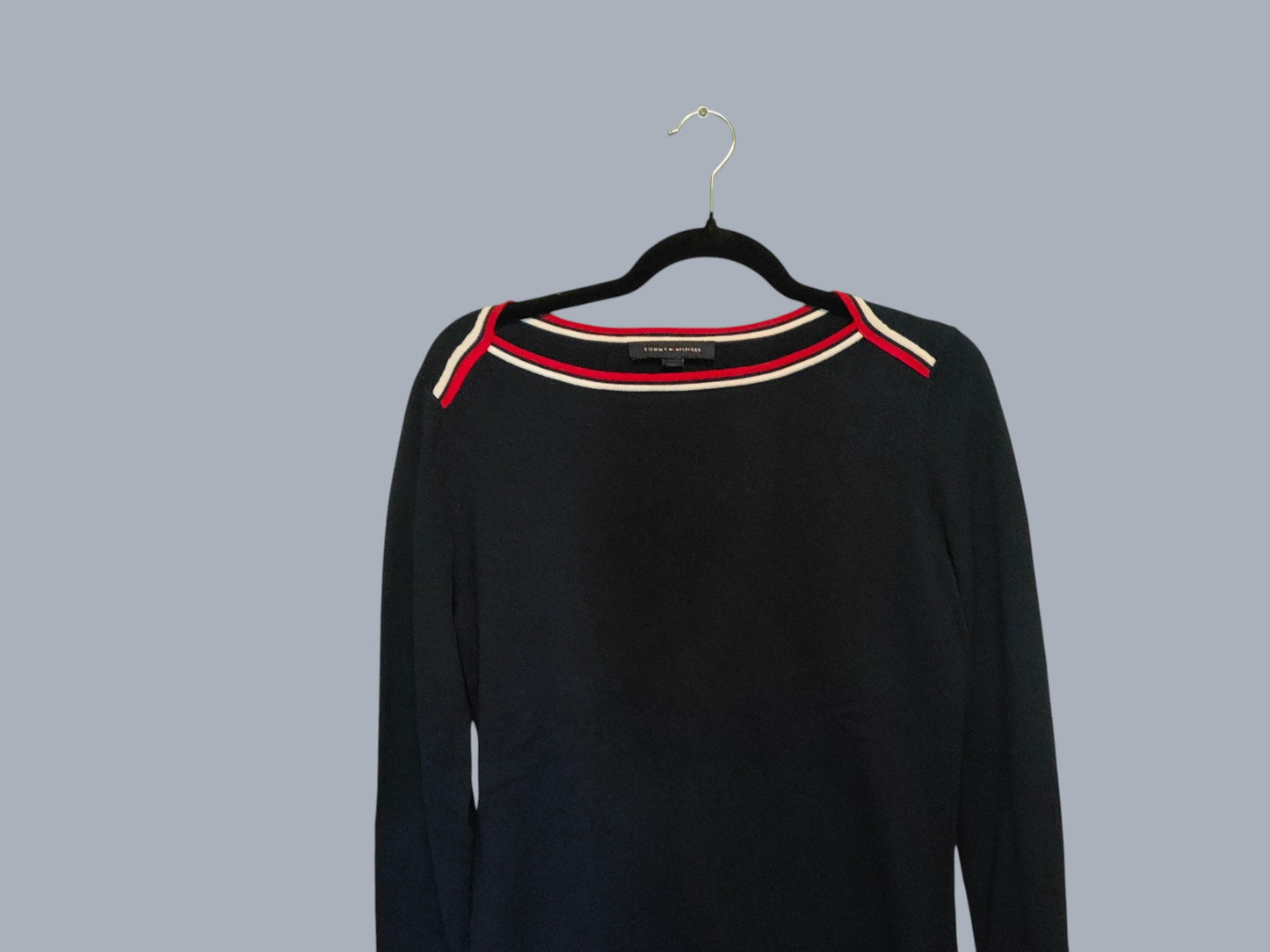 Tommy Hilfiger pull noir manches longues liserés rouge blanc S SECONDE MAIN