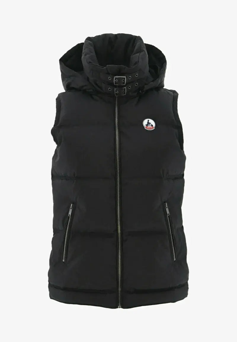 Veste sans manches noire de Jott, avec capuche et fermeture éclair centrale.