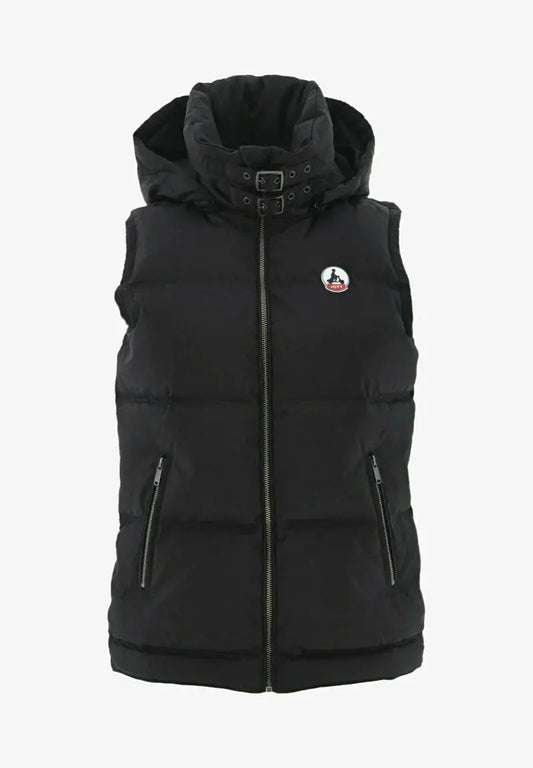 Veste sans manches noire de Jott, avec capuche et fermeture éclair centrale.