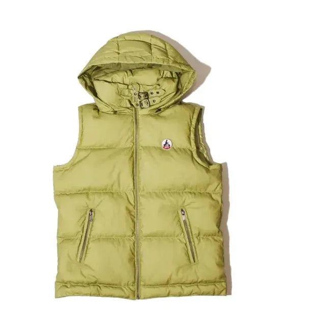 Doudoune sans manches kaki clair de Jott avec capuche et fermeture éclair centrale.