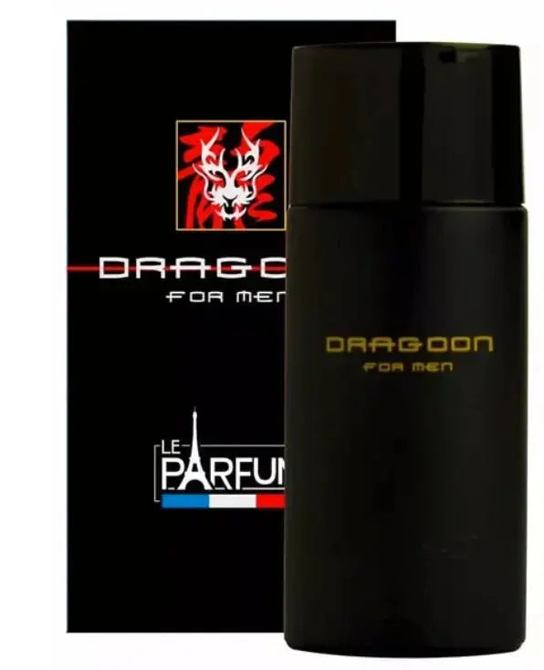 Eau de toilette noire pour homme de parfum de France, avec un motif de dragon rouge et noir sur l'emballage.