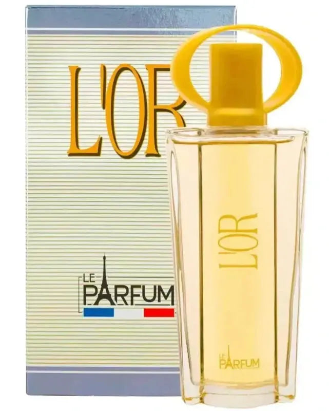 Parfum doré, L'Or, de parfum de France, avec un flacon transparent et un bouchon jaune.
