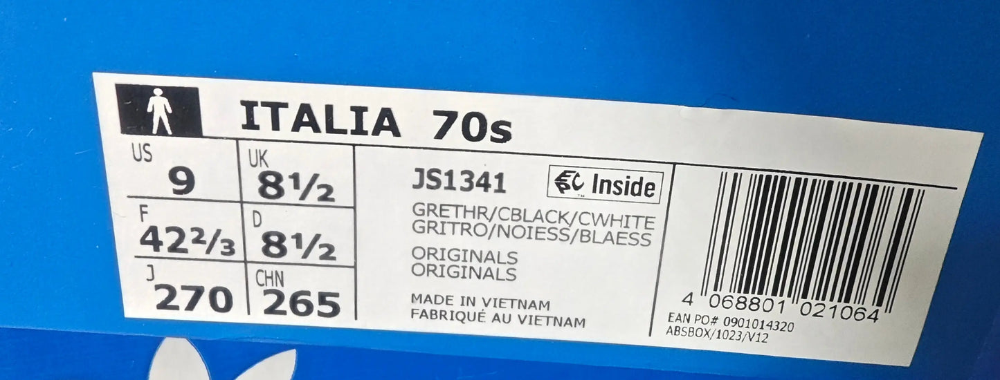 Baskets Adidas Italia 70s par Adidas, neuves avec étiquettes, affichant les tailles US 9 et FR 42 2/3.
