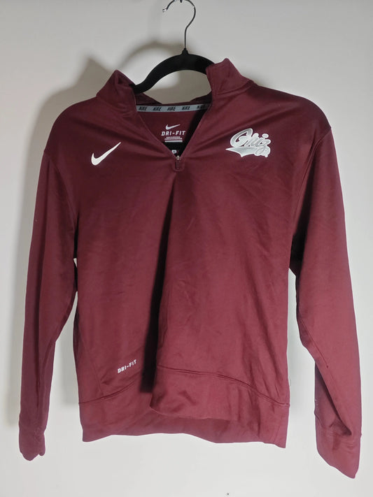 Sweat-shirt de sport bordeaux à demi-fermeture éclair par Nike, avec logos imprimés sur le devant.