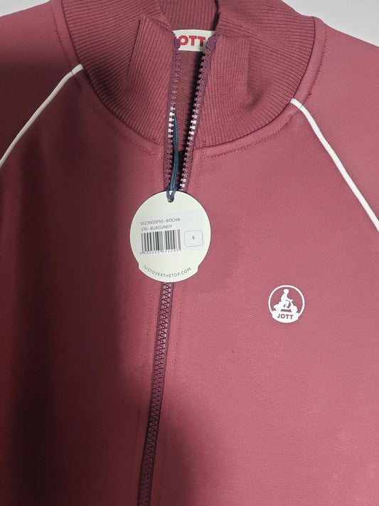 Sweat zippé bordeaux en taille S de Jott, avec fermeture éclair et liseré blanc contrastant.