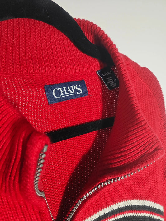 Pull chaud rouge en maille de style norvégien de Ralph Lauren, avec fermeture éclair argentée visible.
