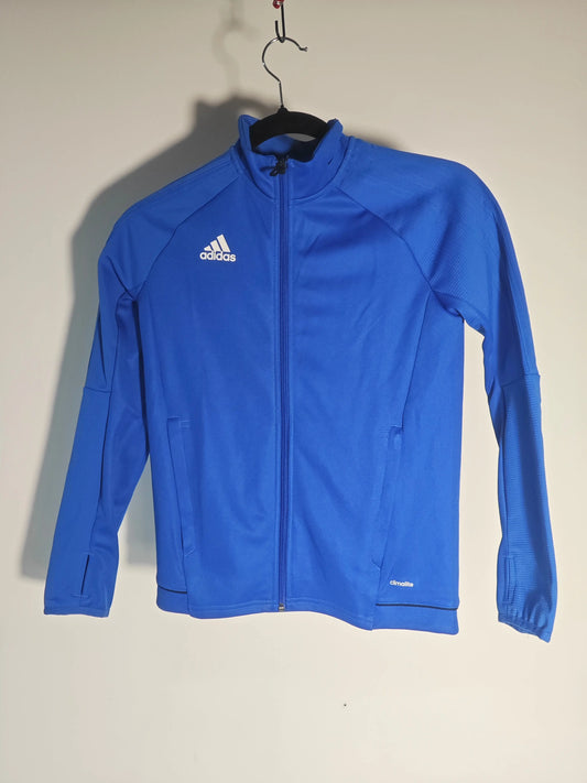 Veste de survêtement bleue Climalite par Adidas, zippée sur le devant, avec manches longues et logo sur le côté gauche.