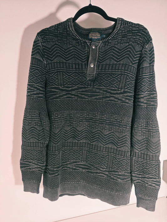 Pull gris à motifs géométriques de Pendleton, avec patte de boutonnage