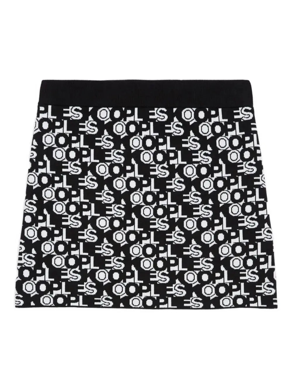 Mini-jupe noire à motif logo all over de The Kooples, avec une ceinture noire contrastante.
