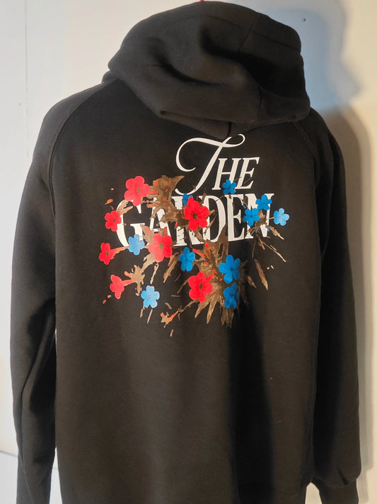 Sweat à capuche noir de The Garden avec inscription florale au dos, Reyes Studio Department, taille L, de seconde main.