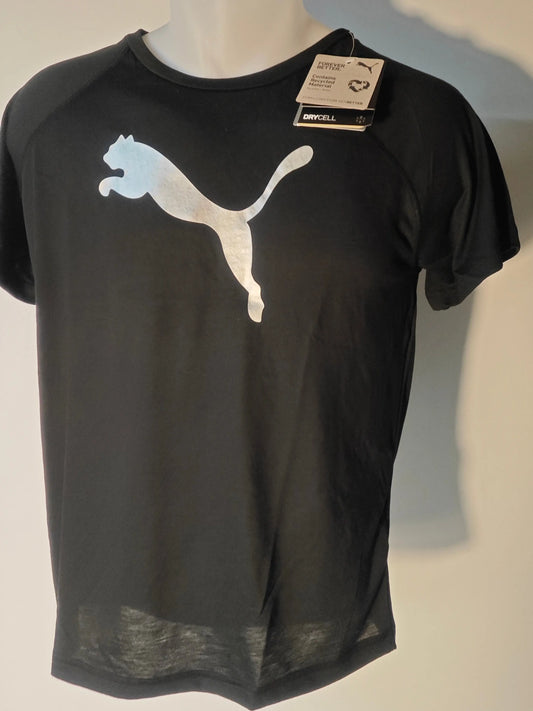T-shirt noir à logo argenté par Puma, technologie DRYCELL et étiquette de la marque.