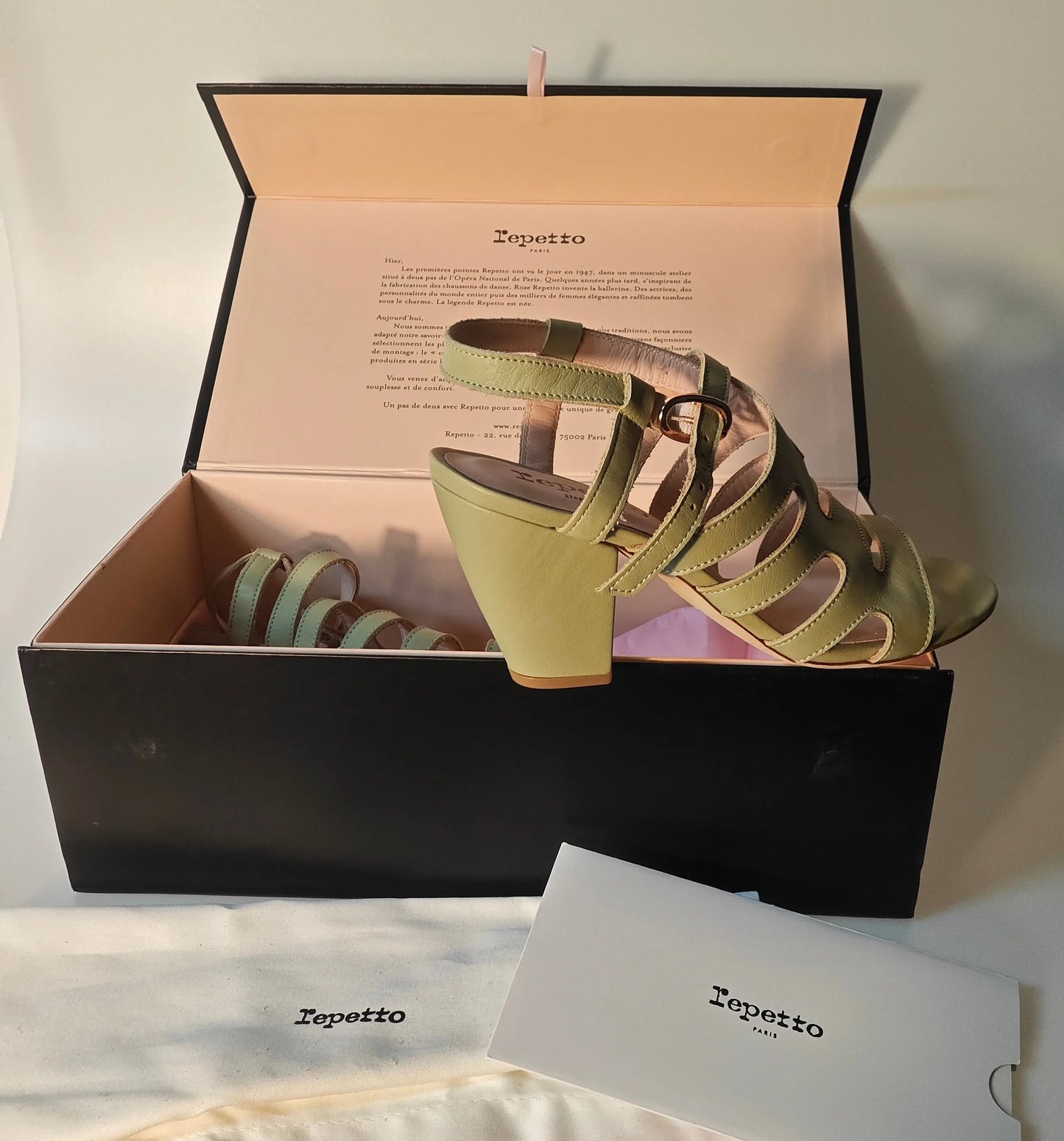 Sandales vertes à talons hauts de Repetto, dans sa boîte d'origine avec pochette de rangement.
