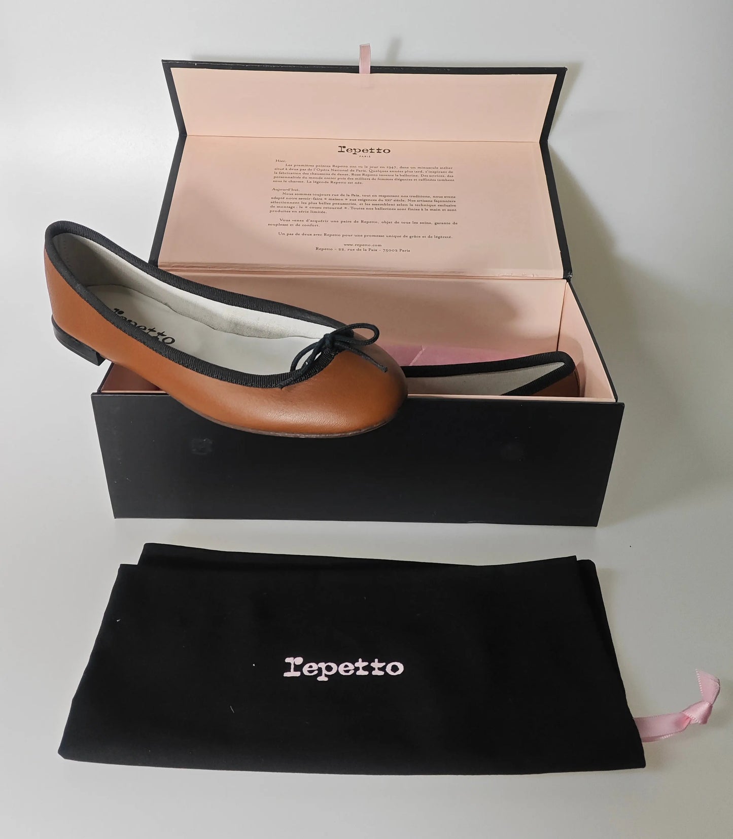 Ballerines en cuir marron par Repetto, présentées dans leur boîte avec leur sac de rangement.
