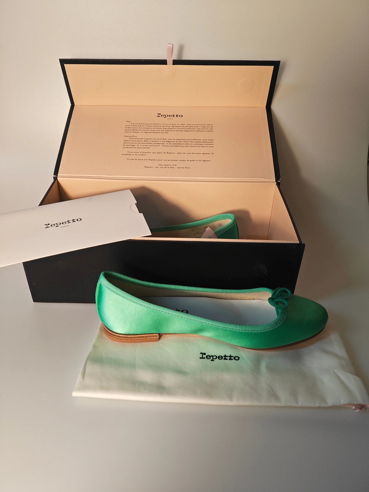 Ballerines vertes en satin émeraude par Repetto, présentées avec leur boîte et leur sac de rangement.
