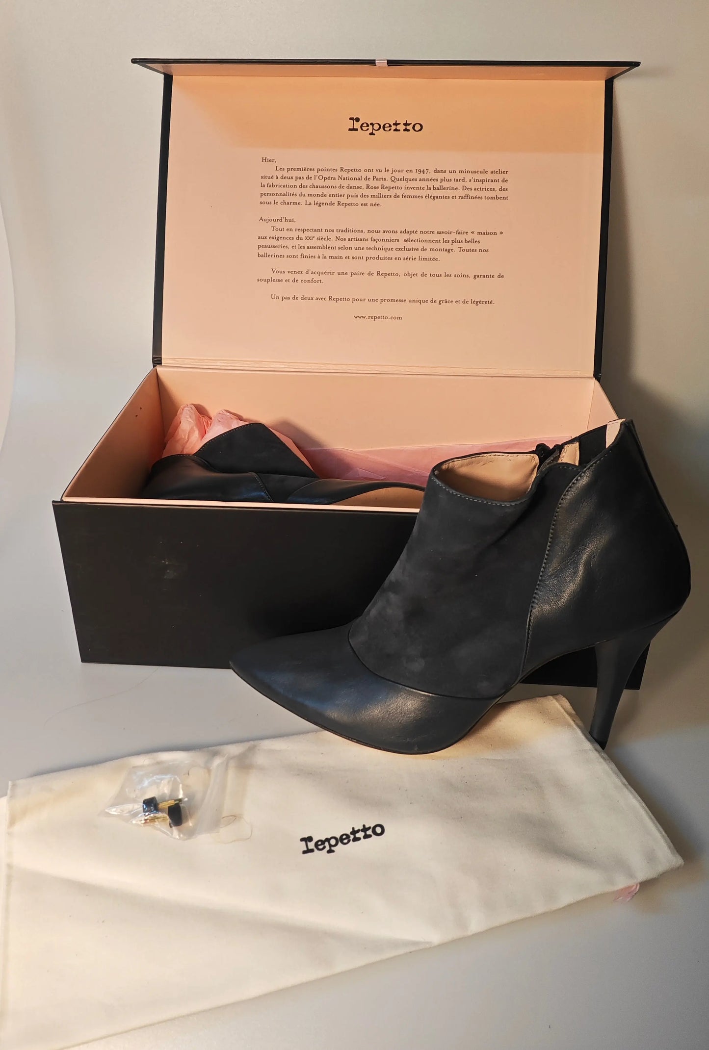 Bottines en cuir noir de Repetto avec fermeture éclair latérale, présentées dans leur boîte.
