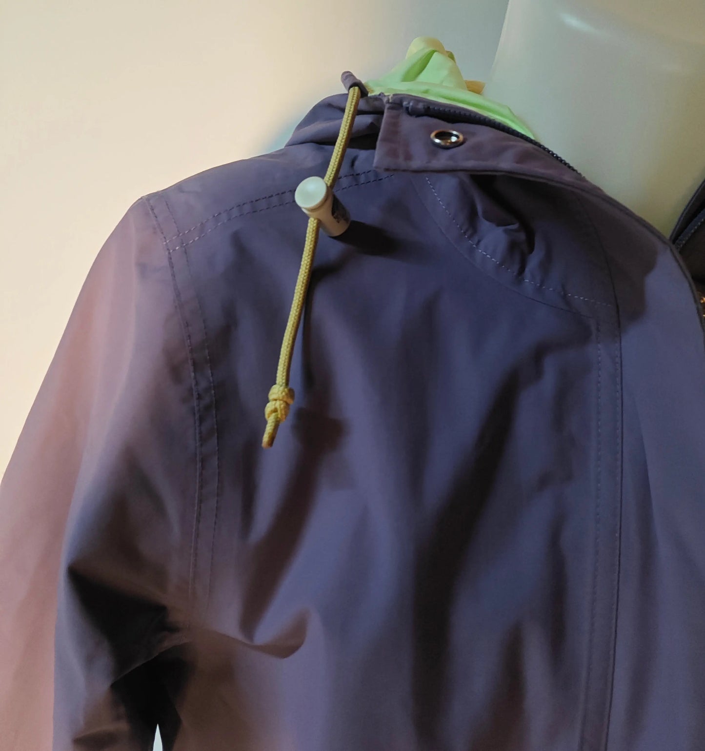 Veste parka DryVent violet lavande pour femme, de The North Face, avec capuche vert menthe et cordon coulissant.