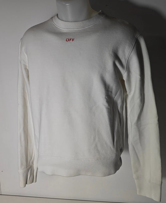 Sweat-shirt blanc, par Off-White, avec le mot « OFF » en rouge sur le devant.