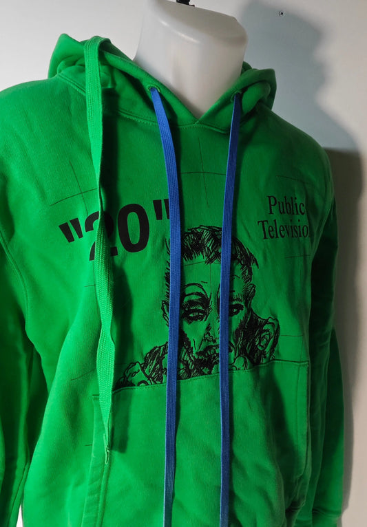 Sweat à capuche vert menthe de Off-White, orné d'un imprimé graphique noir et de cordons bleus.