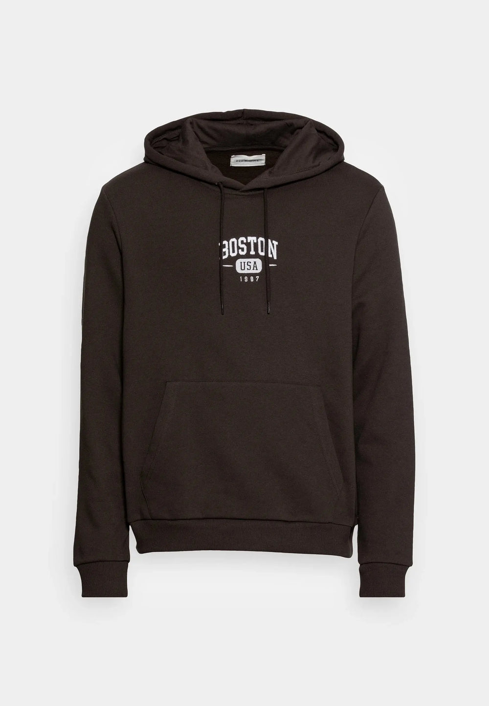 Sweat à capuche marron de Pier One avec inscription blanche "Boston USA 1987" sur le devant.