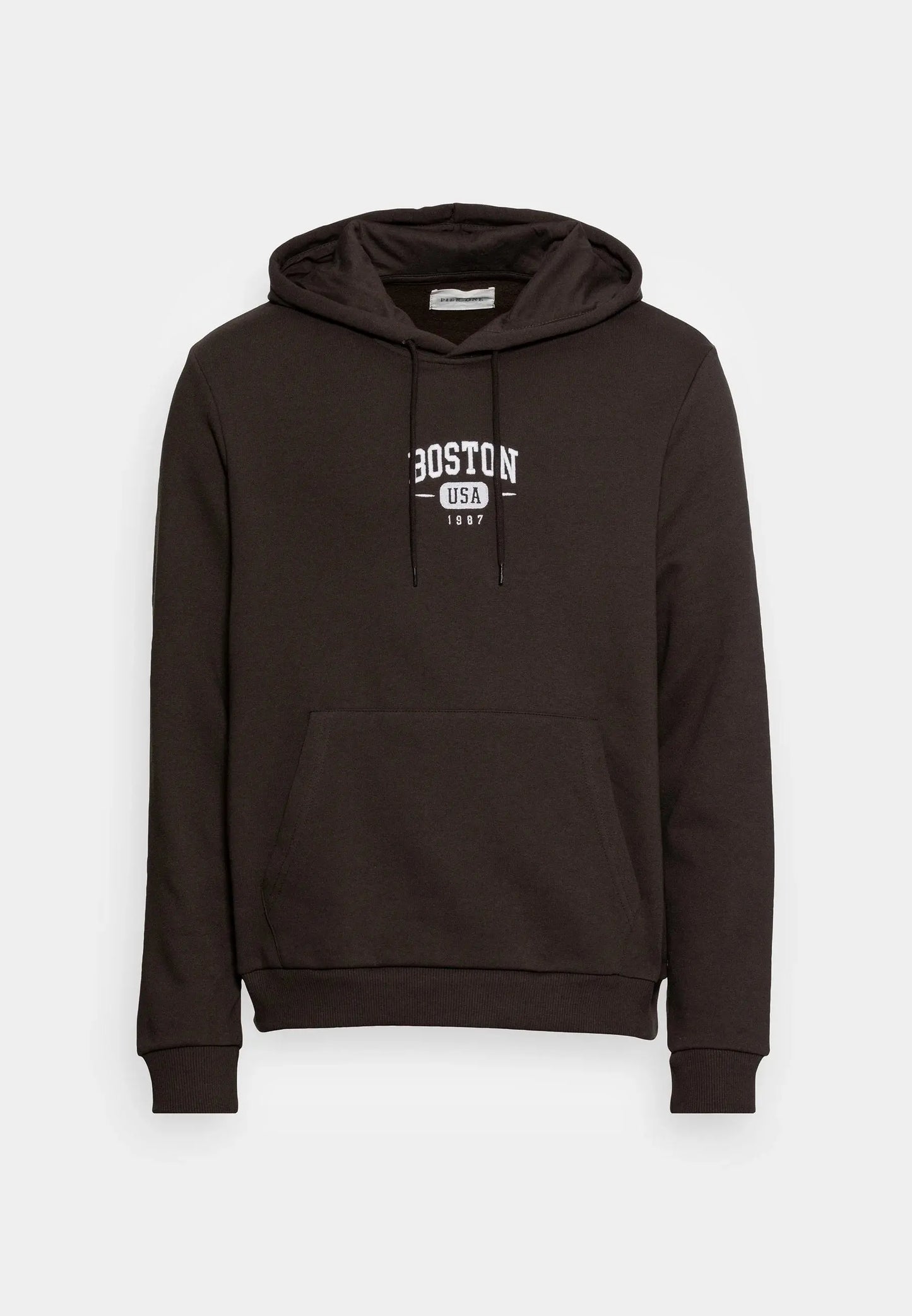 Sweat à capuche marron de Pier One avec inscription blanche "Boston USA 1987" sur le devant.
