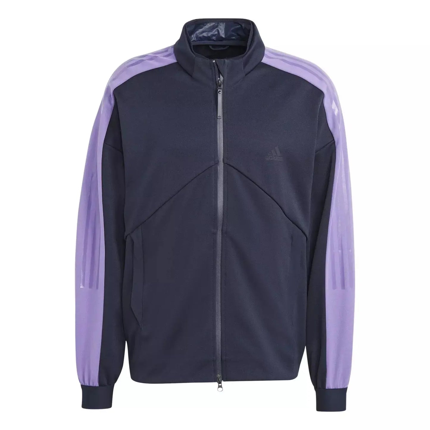 Veste de survêtement bleu marine, de Adidas, avec manches violettes à rayures et fermeture éclair.