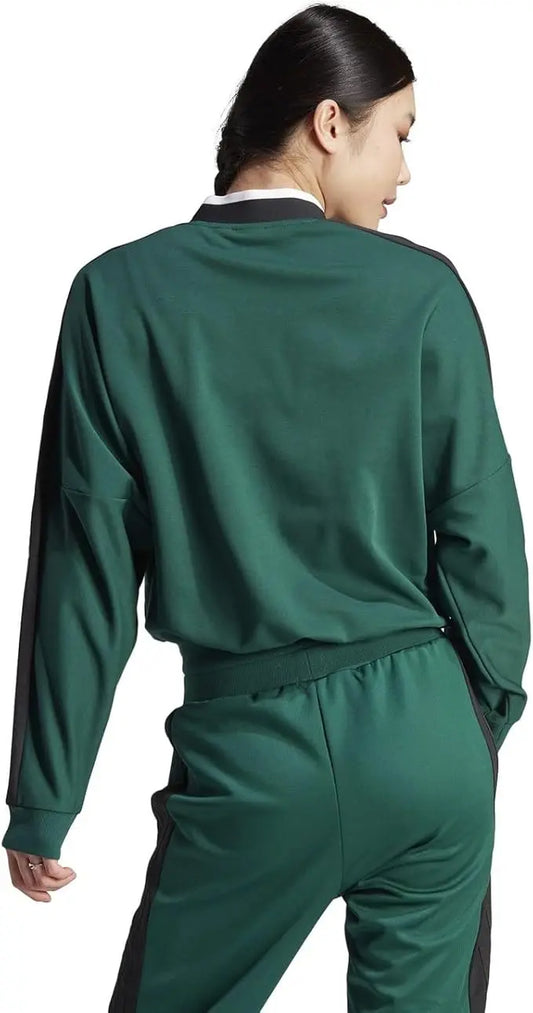 Sweat-shirt de survêtement femme vert sapin de Adidas, avec manches longues à rayures noires.