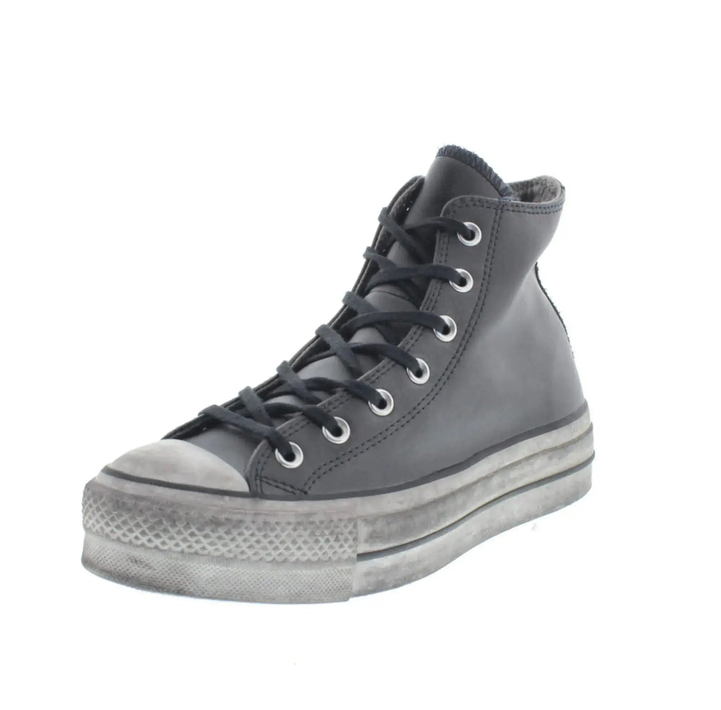 Baskets montantes en cuir noir de Converse, avec semelle plateforme effet vieilli et lacets noirs.
