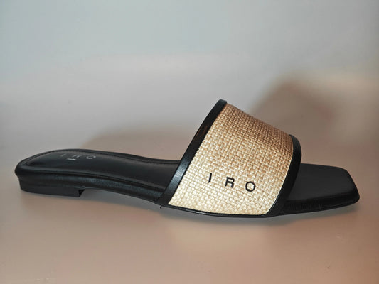 Mules plates IRO Paris raphia & cuir noir – T36 – modèle Raffia – avec pochon IRO