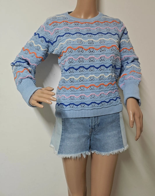 Pull Vila Joy bleu ciel maille ajourée multicolore taille S Upstyle Destock