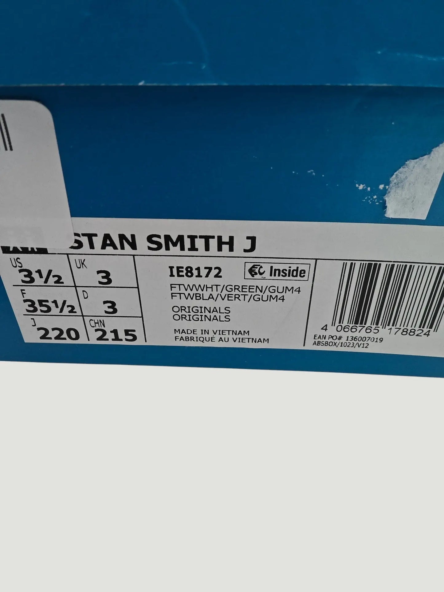 Adidas Stan Smith J neuves – T. 35 1/2 – blanc/vert – semelle gomme – boîte Adidas