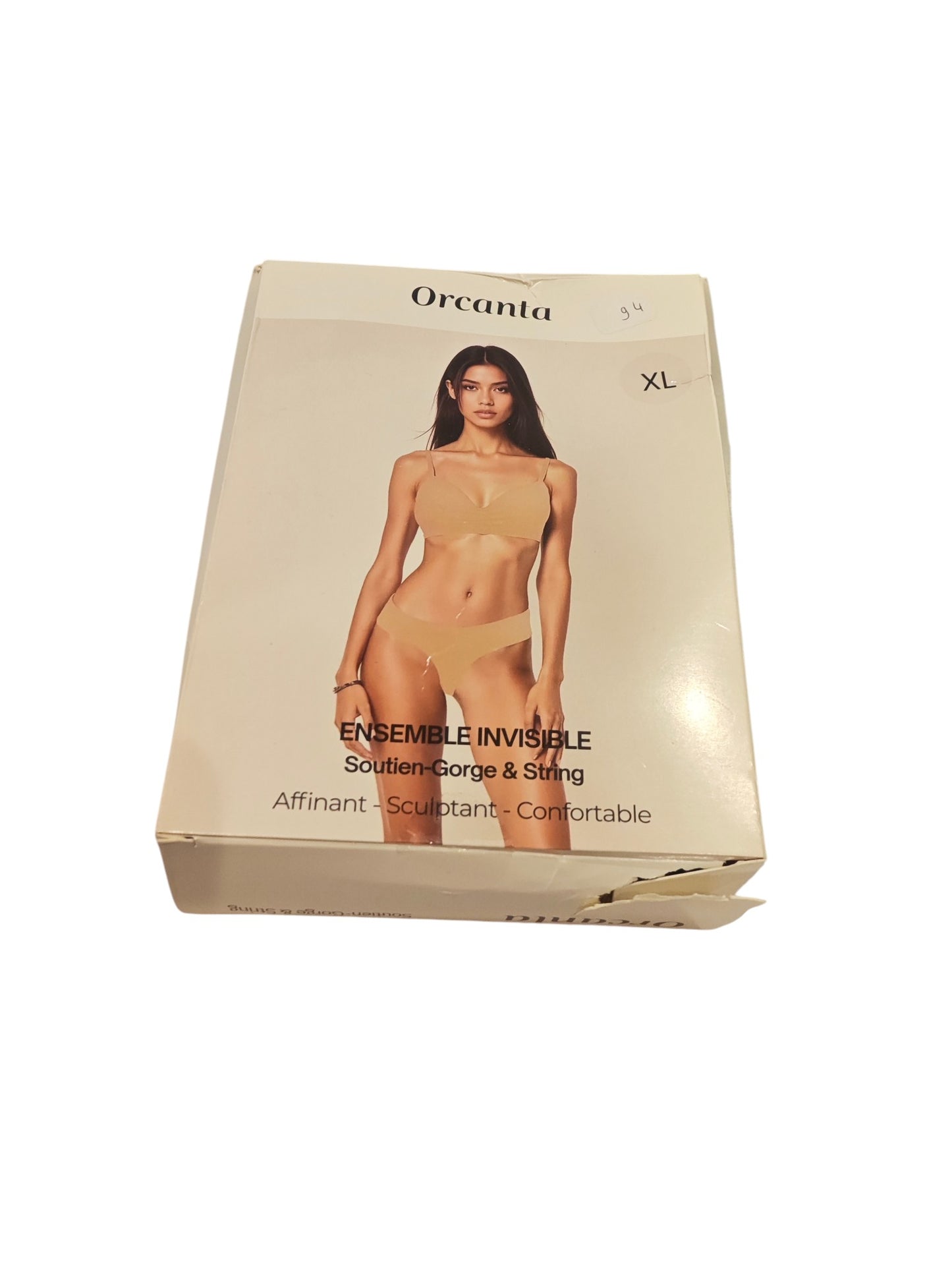 Ensemble invisible Orcanta beige (terre de sienne) – soutien-gorge & string – taille XL – neuf