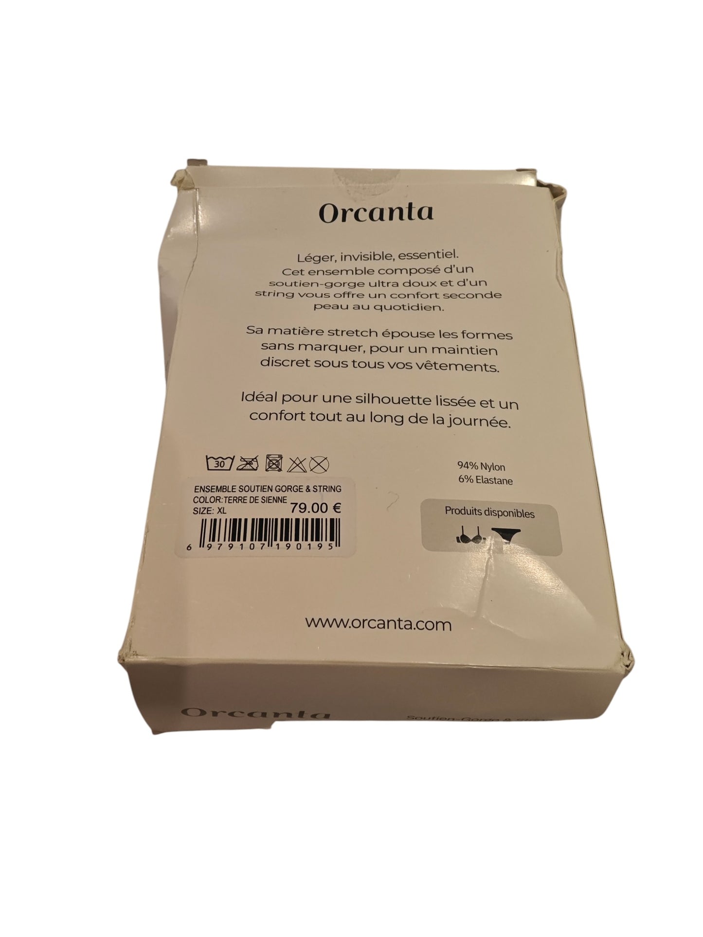 Ensemble invisible Orcanta beige (terre de sienne) – soutien-gorge & string – taille XL – neuf