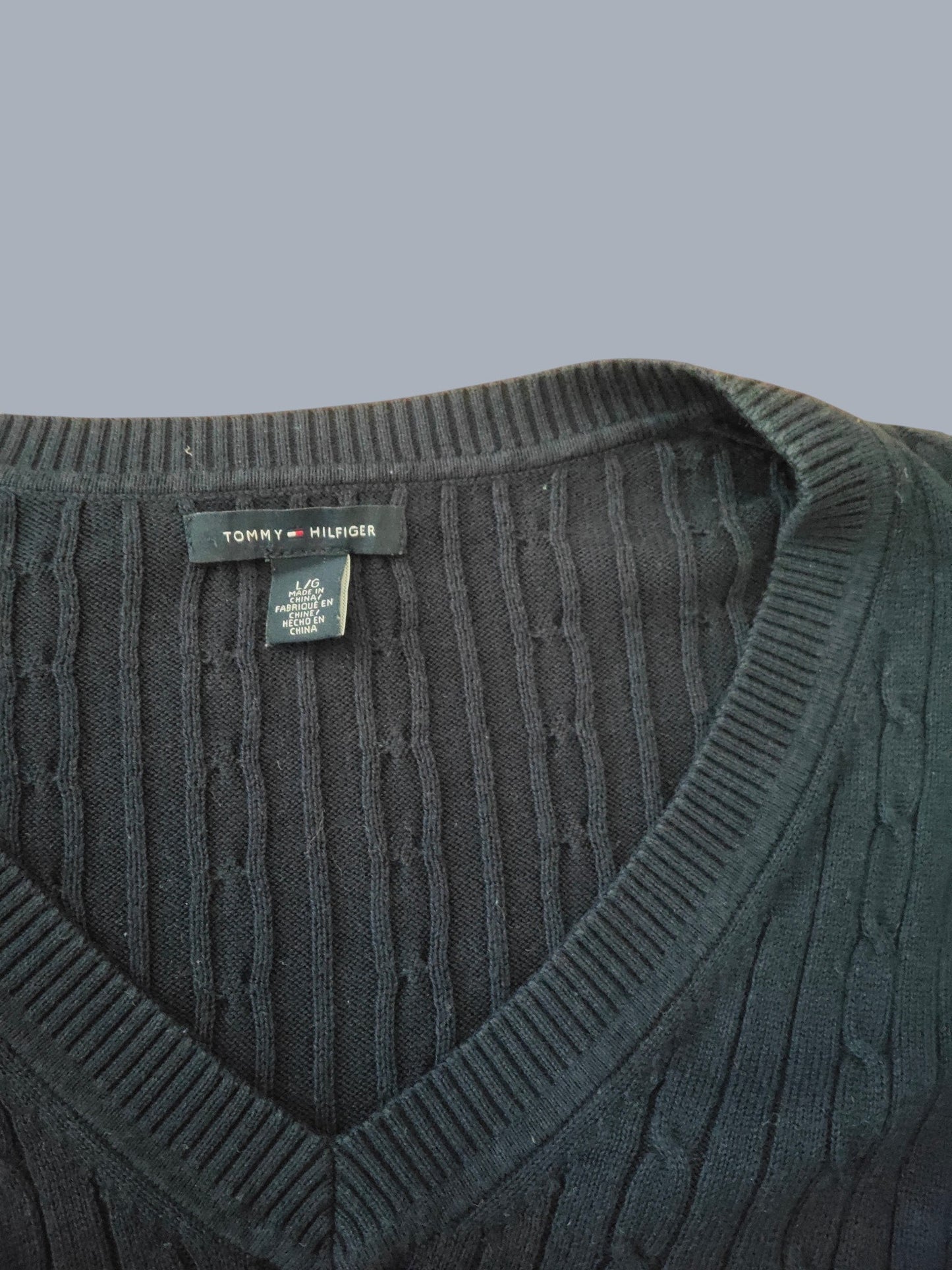 Pull Tommy Hilfiger noir col V maille texturée taille L