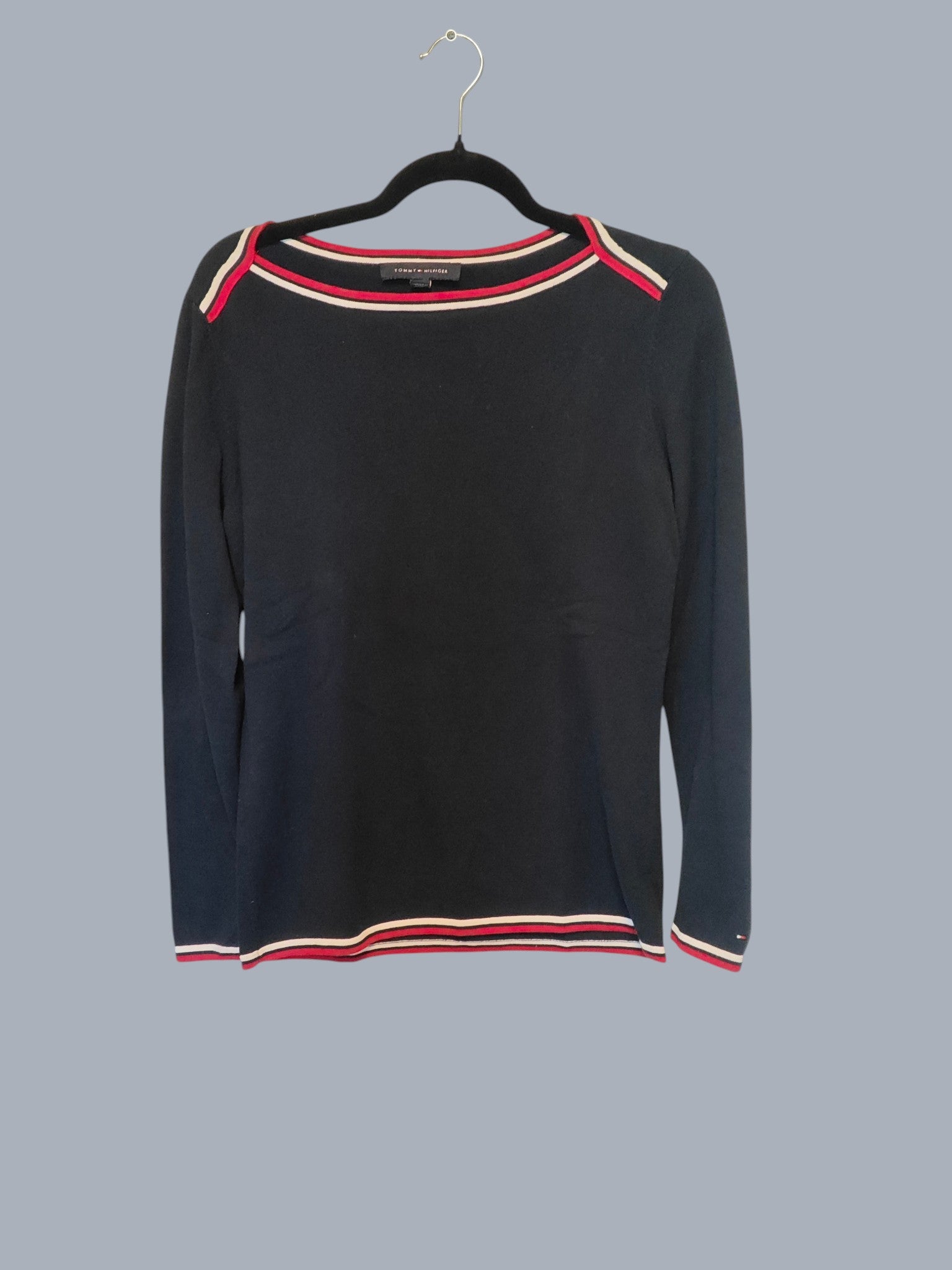 Tommy Hilfiger pull noir manches longues liserés rouge blanc S SECONDE MAIN