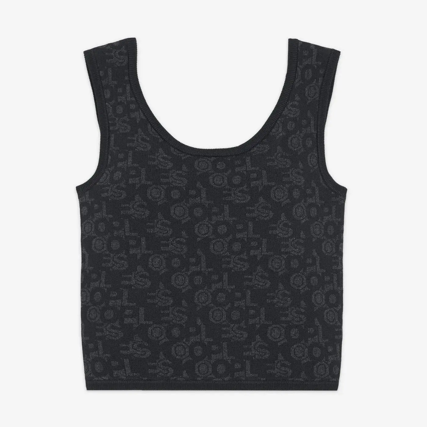 Débardeur noir en maille, de The Kooples, avec motif logo all over ton sur ton.
